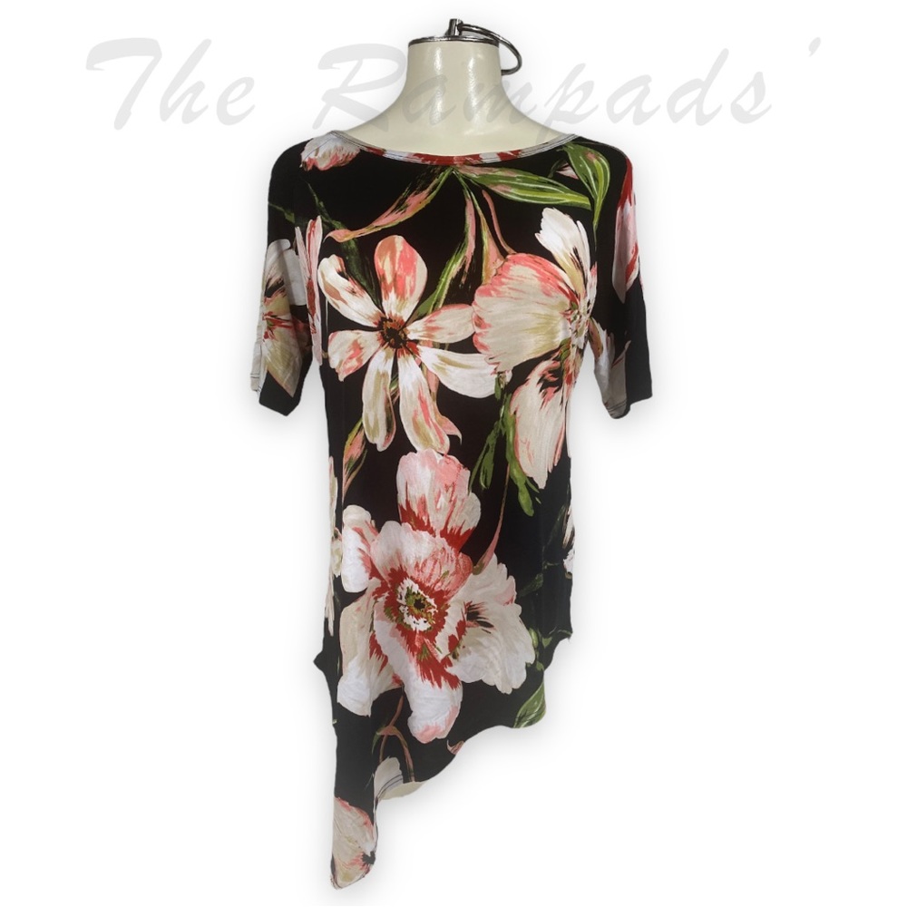Karen Kane Black Asymmetrical Floral Print Shirt Size Medium